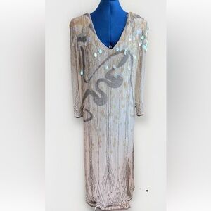 Vintage Oleg Cassini Glam Silk Beaded Maxi Gown Sequin Dress *Flaws
